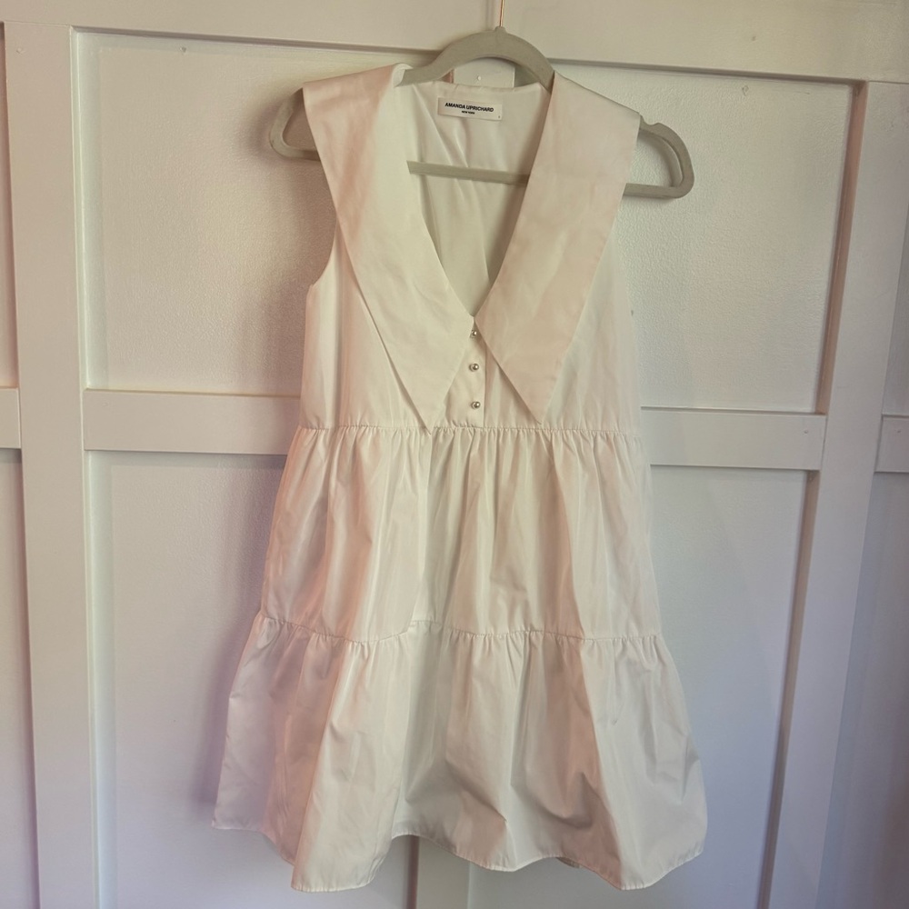 Amanda Uprichard White Tiered V-Neck w/ Collar Sleeveless Dress